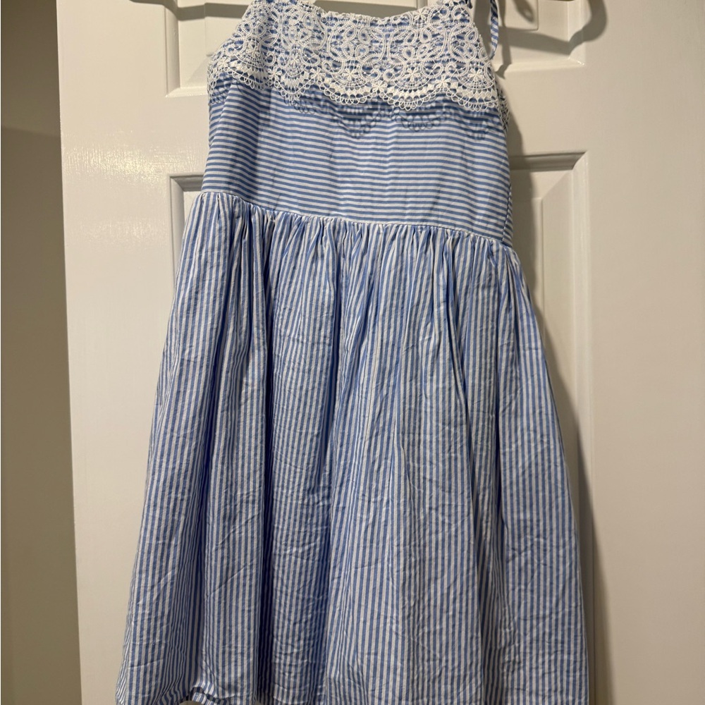 Blue and White Striped Dress with Lace Detail